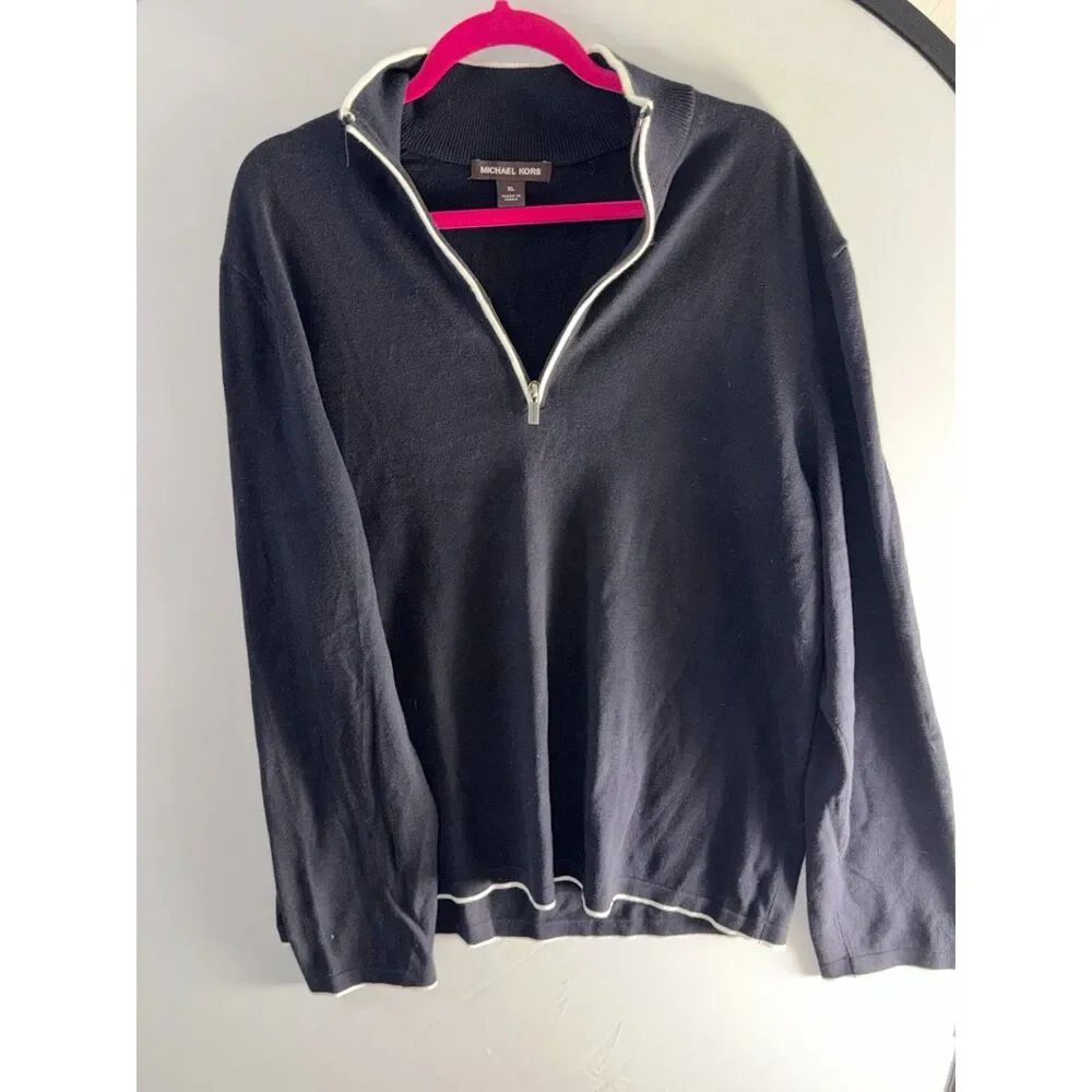 Michael Kors XL Navy Quarter Zip Sweater White Trim Preppy Country Club